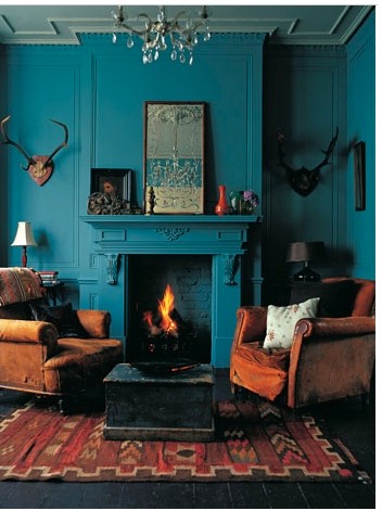interior design turquoise fireplace